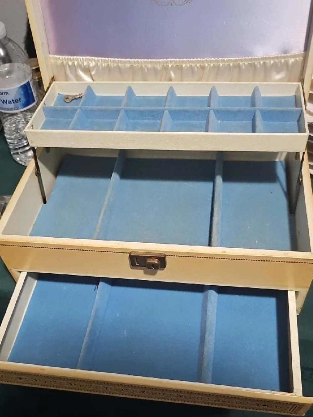 Cream and Blue Jewelry Organizer Box with Multiple Compartments